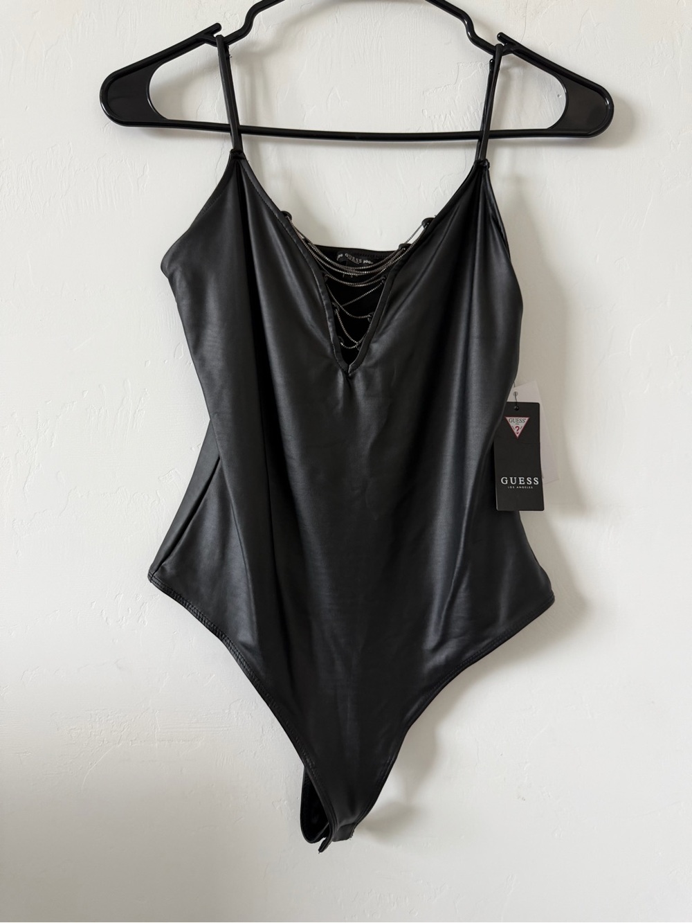Guess Black Faux Leather Chain-Detail Bodysuit